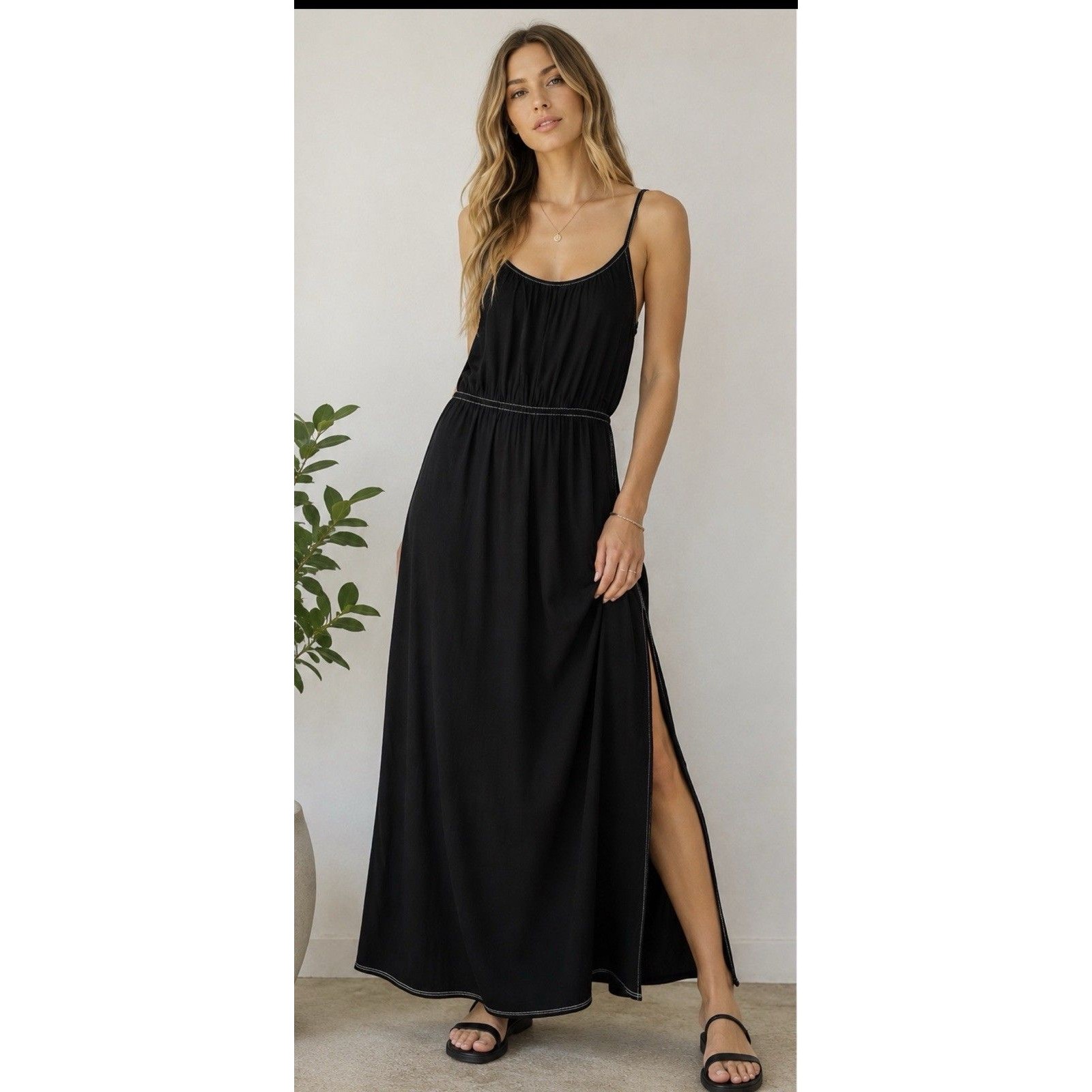 Bl^Nk London Black Viscose Maxi Dress White Topstitching Adjustable Straps Small